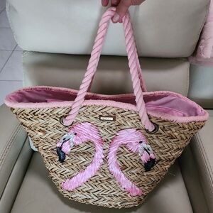 Straw bag with Flamingo